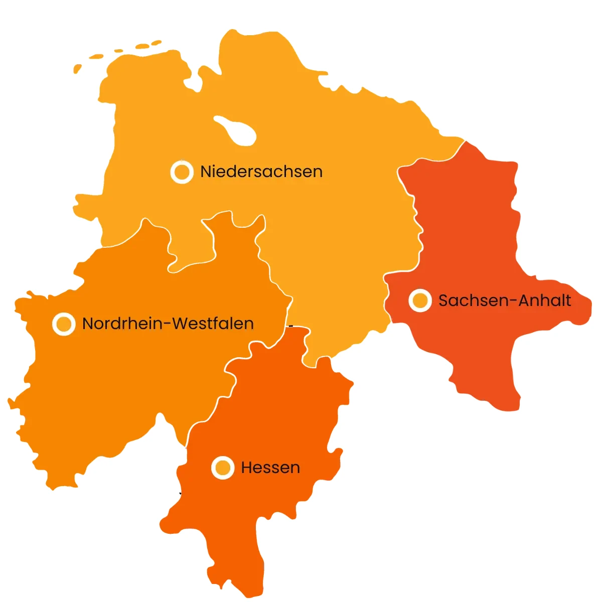 Karte der Einsatzregionen: Niedersachsen, Nordrhein-Westfalen, Sachsen-Anhalt und Hessen