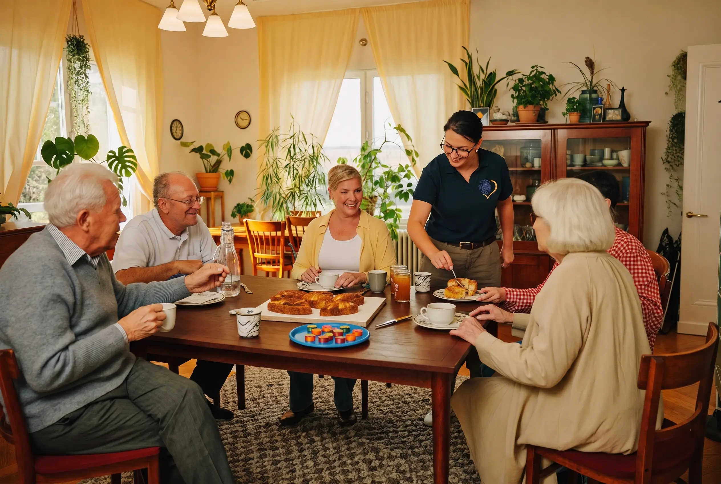 Senior*innen bei Kaffee und Gesellschaftsspiel in der Tagespflege